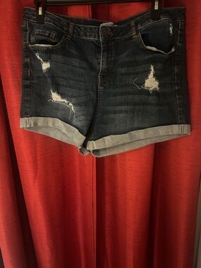 Refuge Distressed Dark Blue Rolled-Hem Denim Shorts